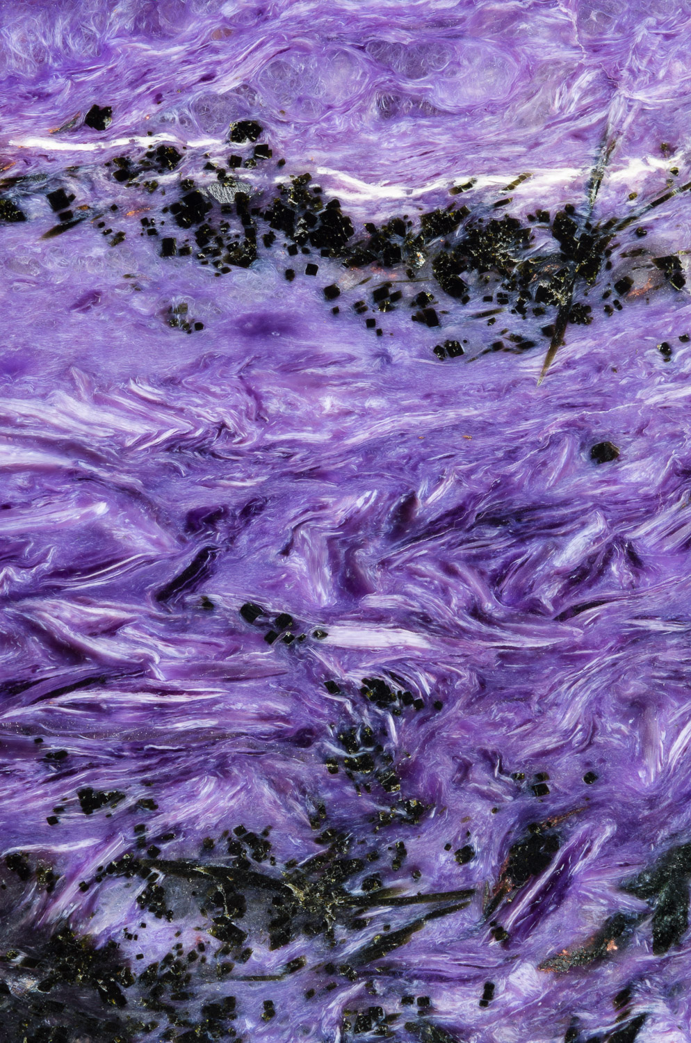 Macrophotograph of a slice of charoite; a rare silicate mineral found only in Siberia, Russia. Image #2829