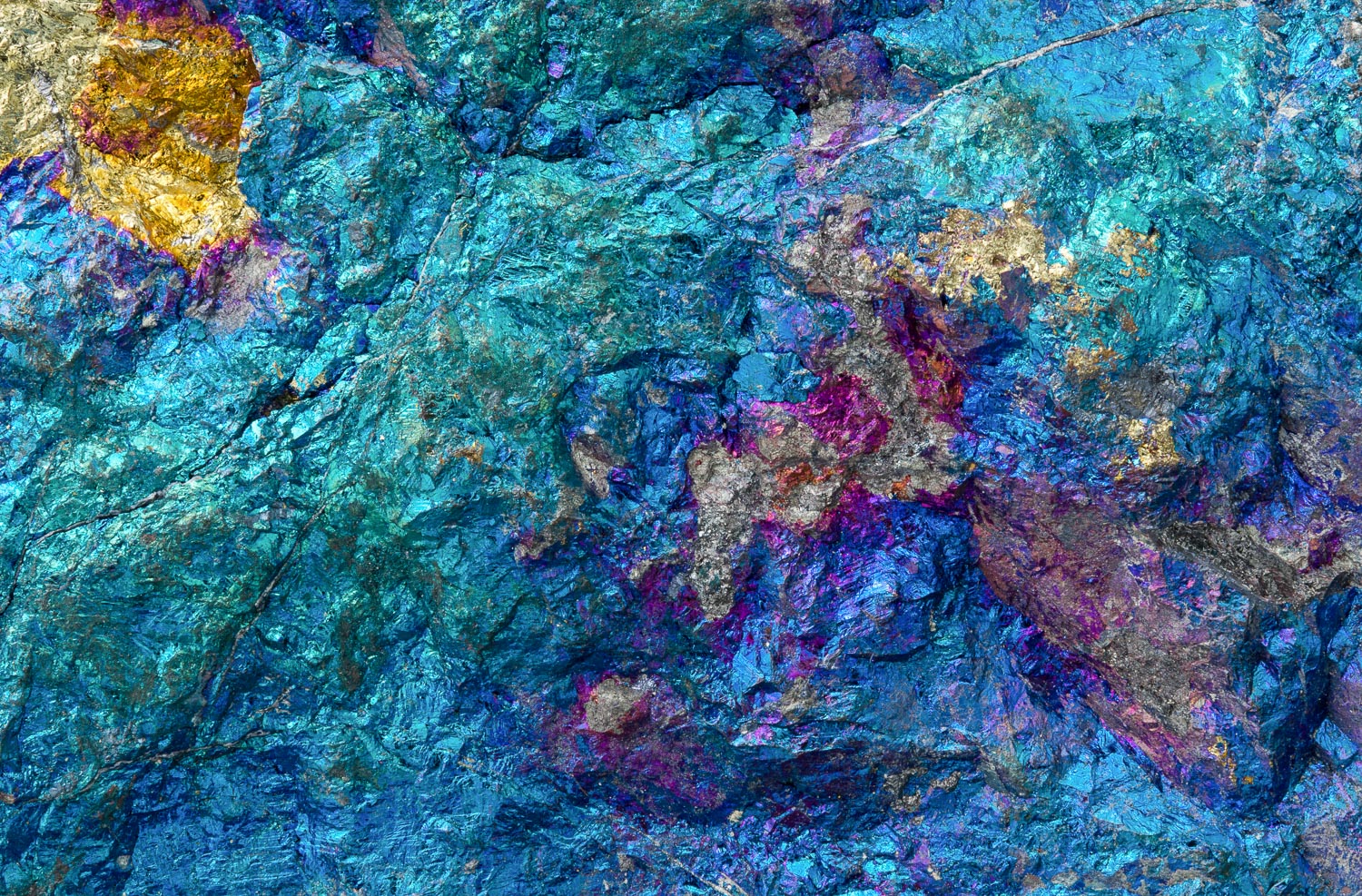 Macrophotograph of iridescent Peacock ore (Chalcopyrite treated with acid) from Mexico; a copper ore. Image #3045