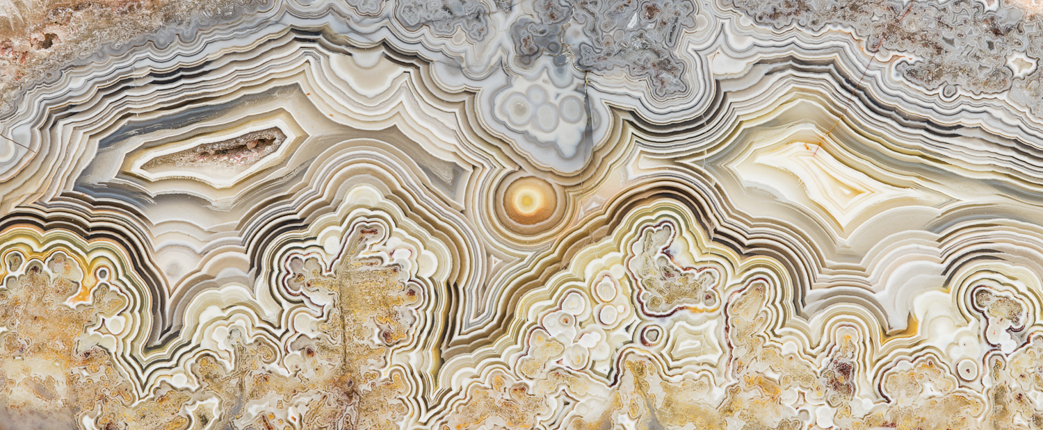 Çlose-up photograph of the patterns in a Laguna lace agate from Mexico. Image #3251