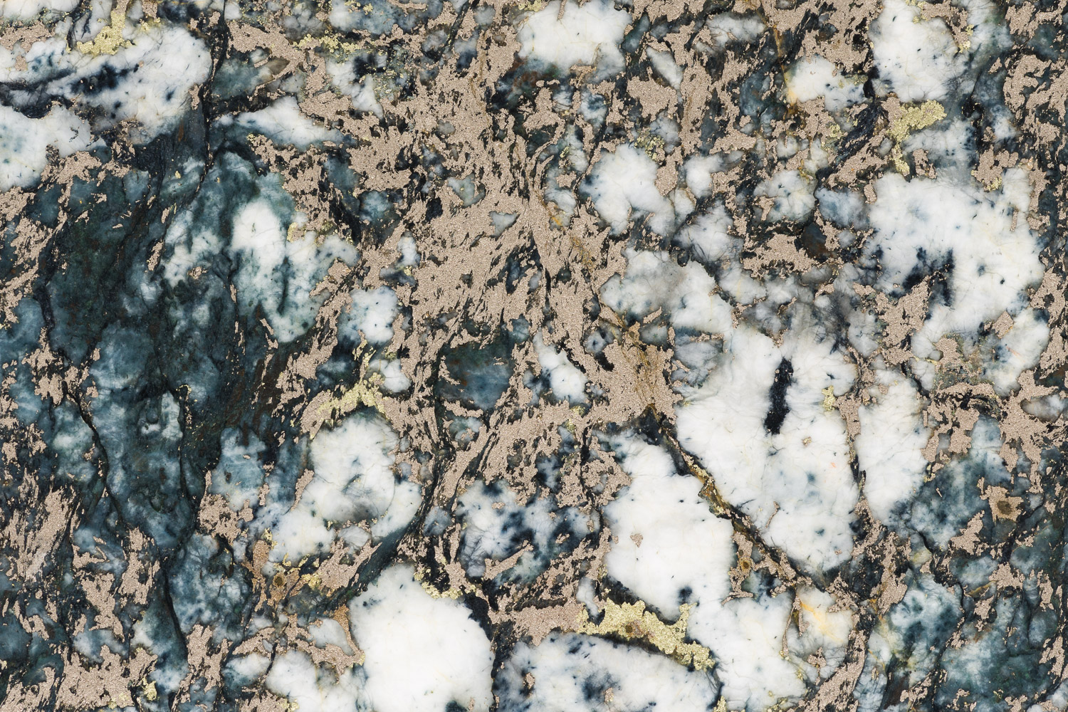 Macro photograph of a small section of a slab of Josephines' Crown stone (a.k.a. awaruite); quartz based rock wth pyrite from...